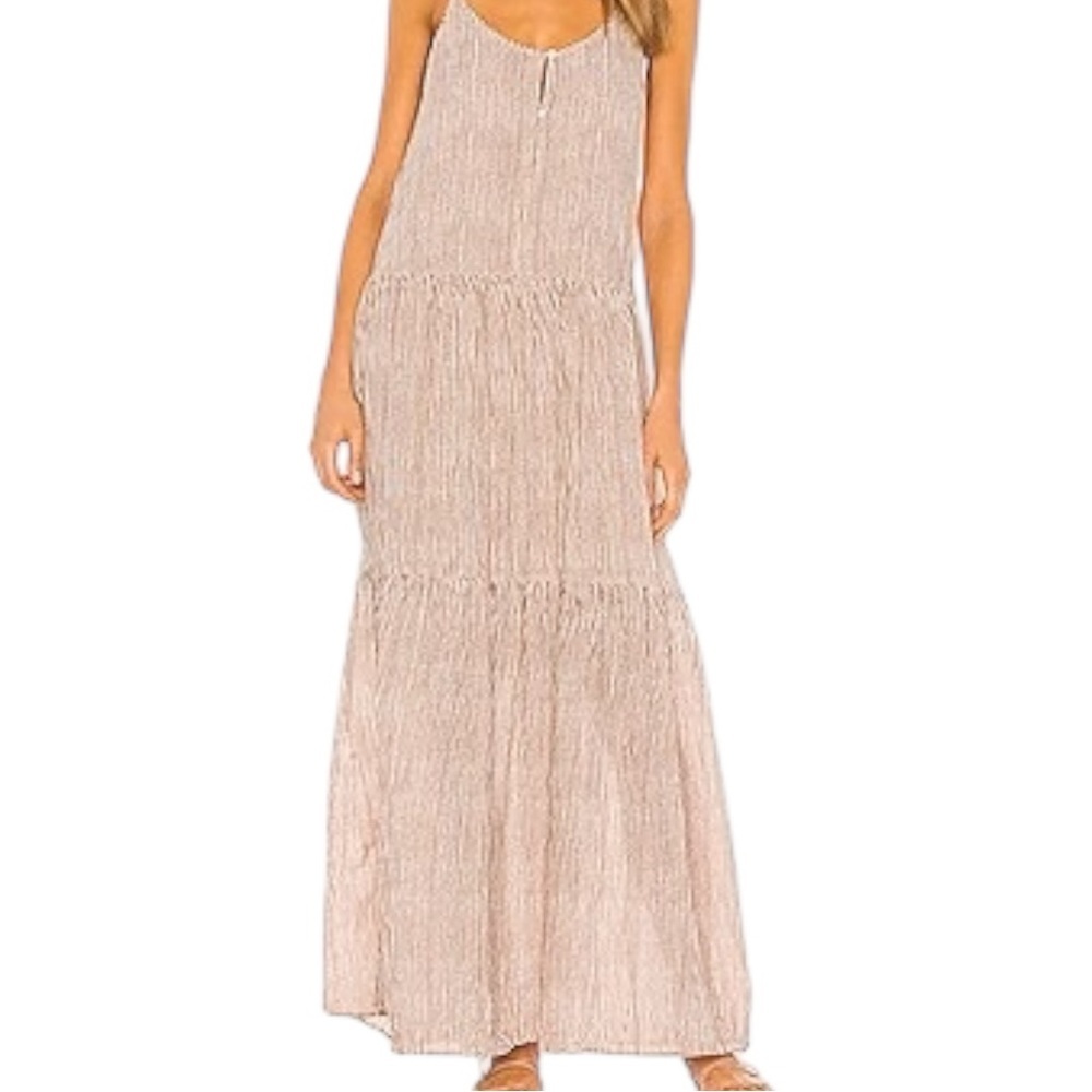 Velvet by Graham & Spencer Steffi Tan Stripe Cotton Tiered Maxi Dress Pockets L